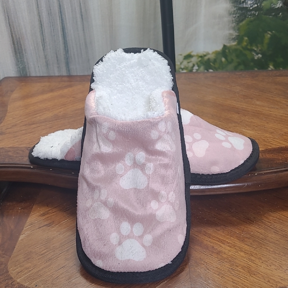 Womens Large Plush Pink Paw Print Cozy Slippers